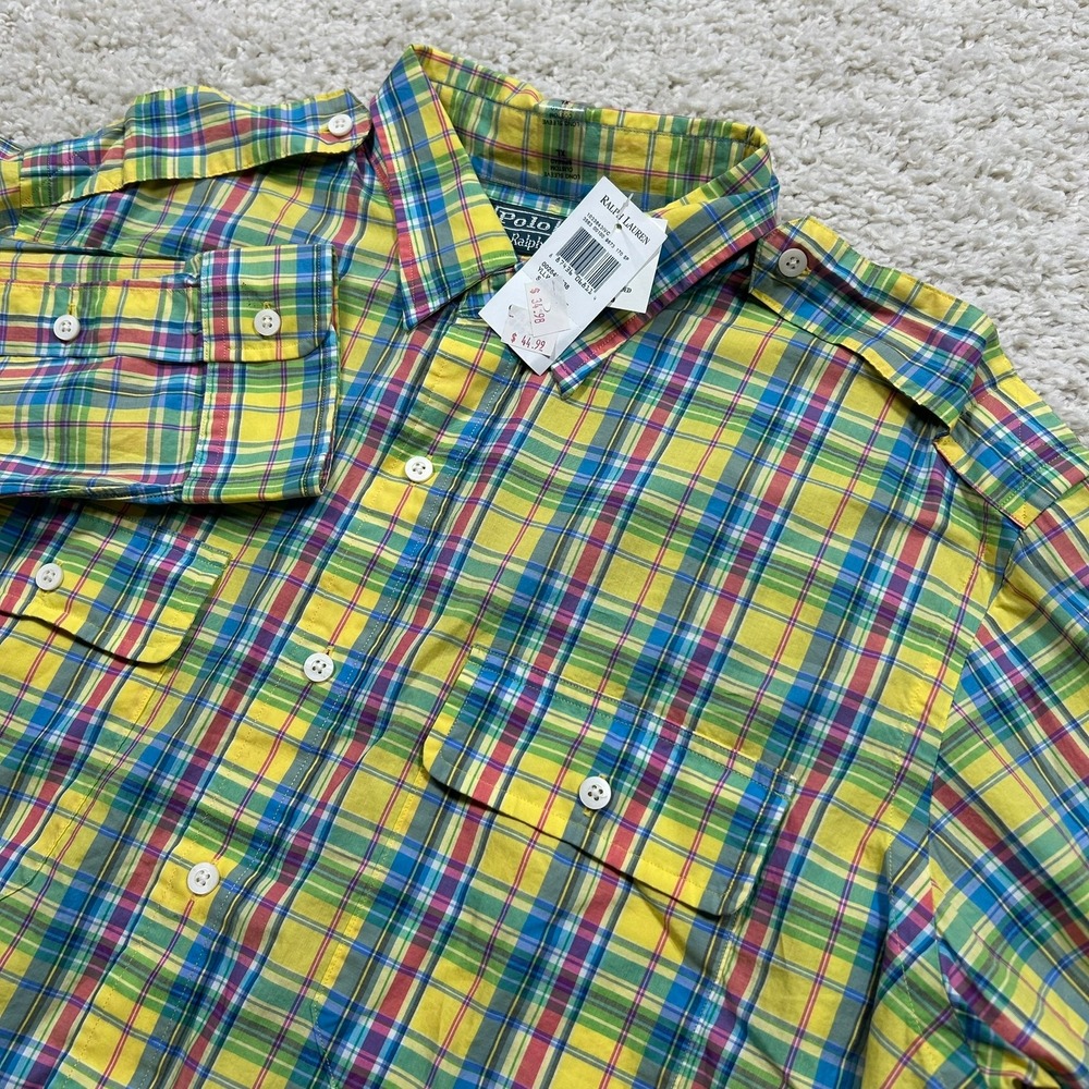 Polo Ralph Lauren Button Down Shirt XL Madras Plaid Epaulets Long Sleeve New